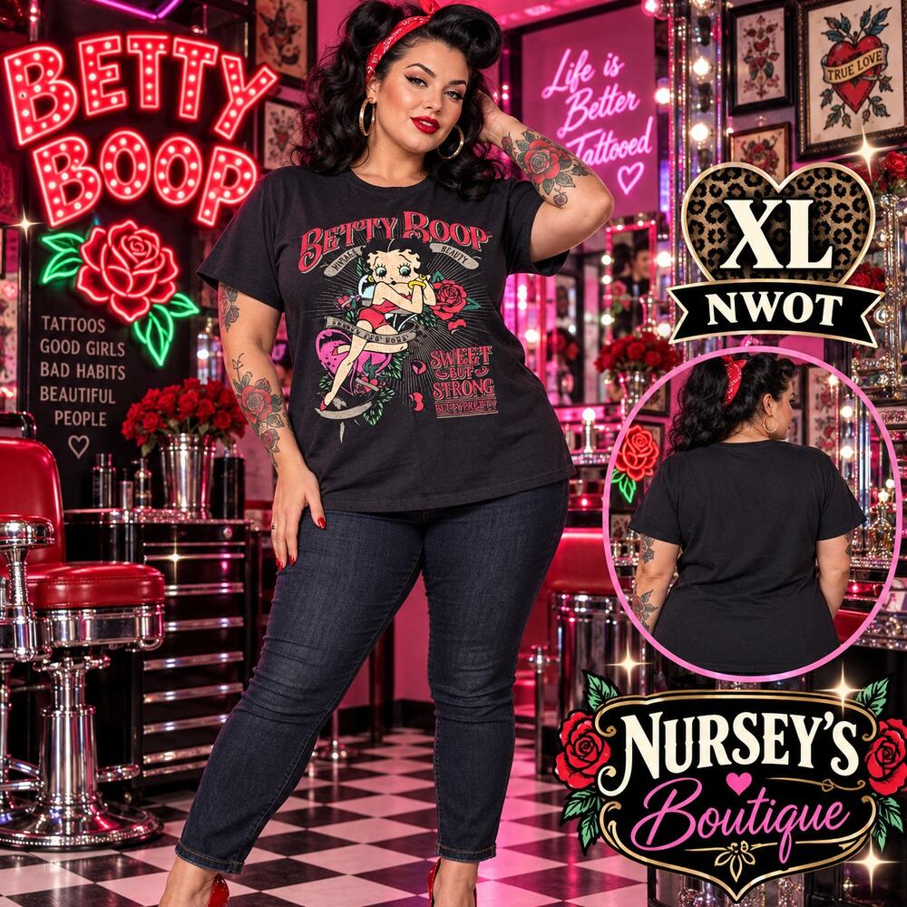 Betty Boop XL Black Sweet But Strong Tattoo Rose Graphic Tee NWOT